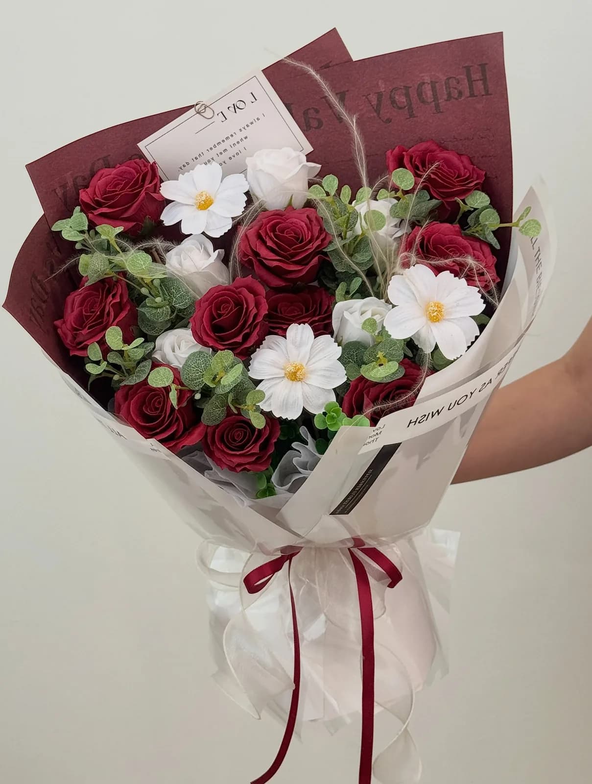 Crimson Letter — Red roses, white daisies in deep red and burgundy