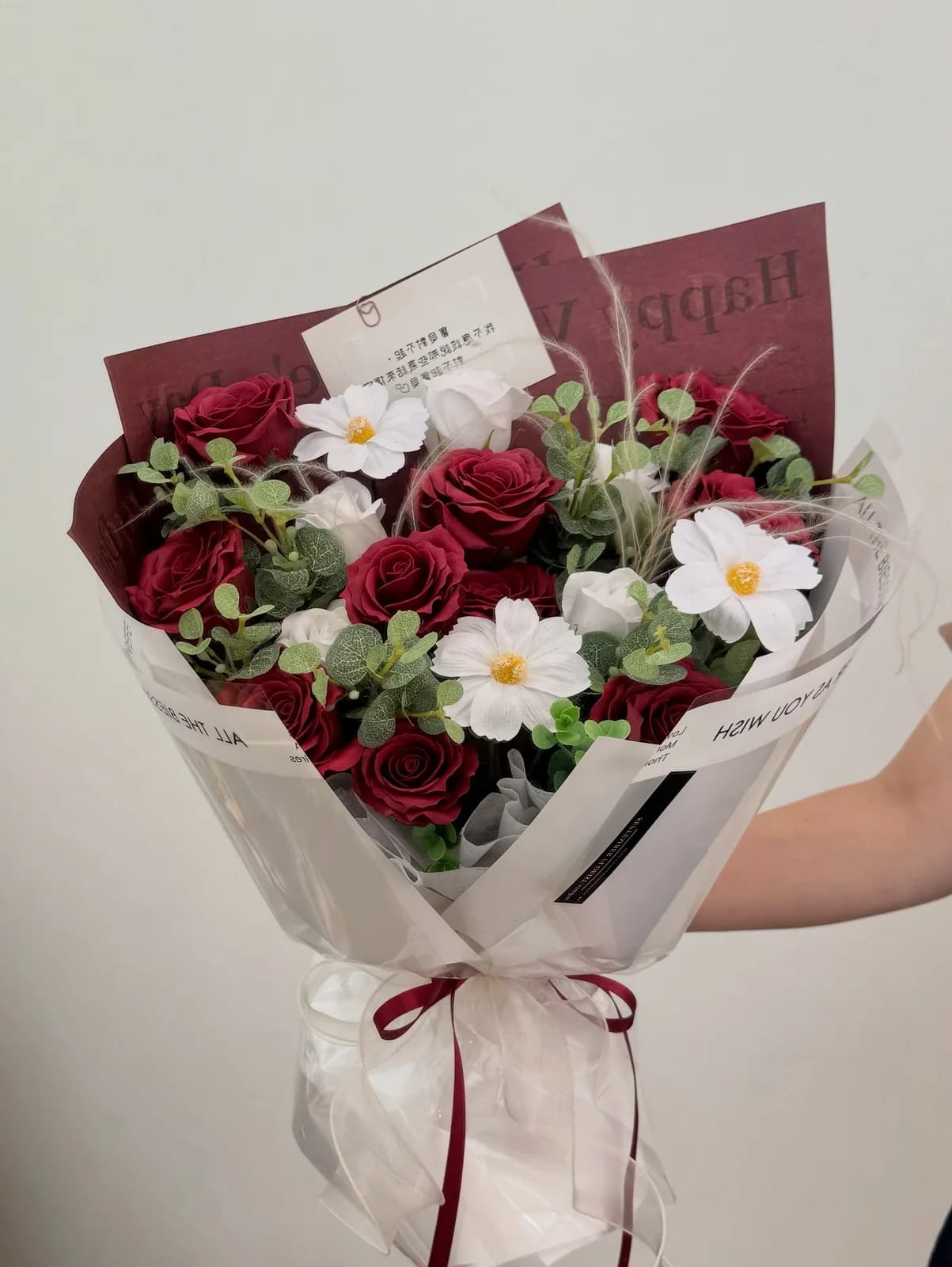 Crimson Letter — Red roses, white daisies in deep red and burgundy, view 2