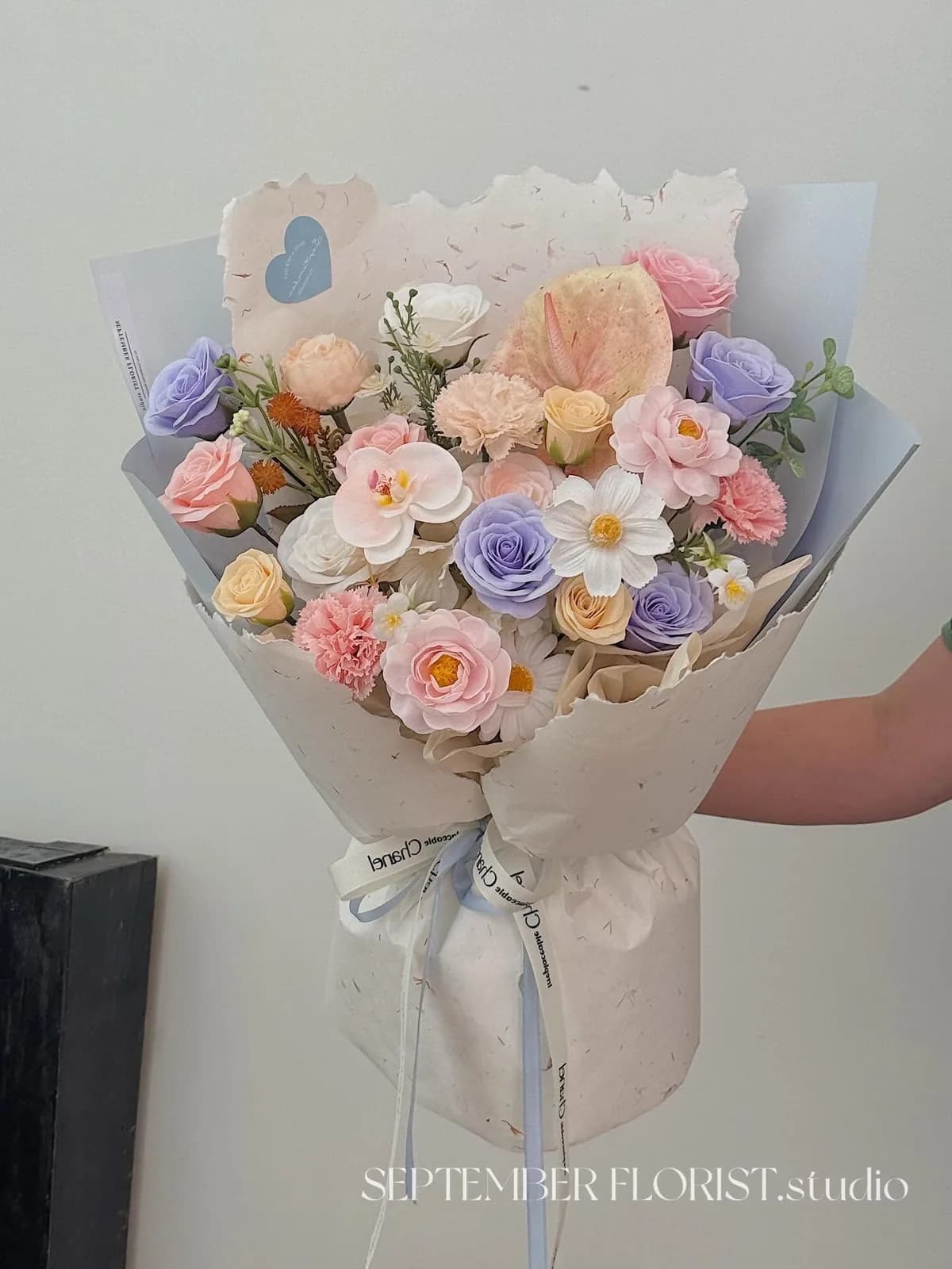Lavender Field — Roses, carnations, lisianthus in lavender and peach