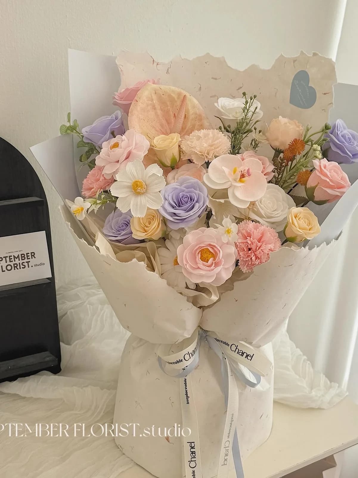 Lavender Field — Roses, carnations, lisianthus in lavender and peach, view 2