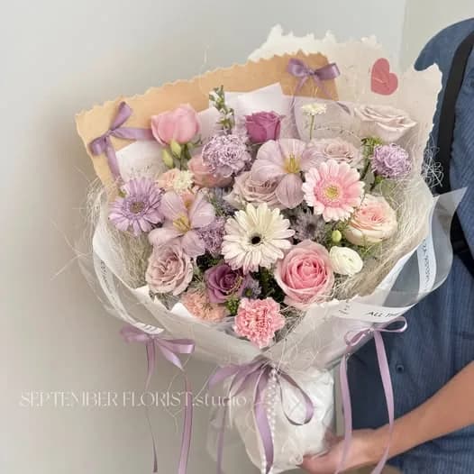 Lilac Morning — Gerbera, roses, carnations, lisianthus in lilac and blush