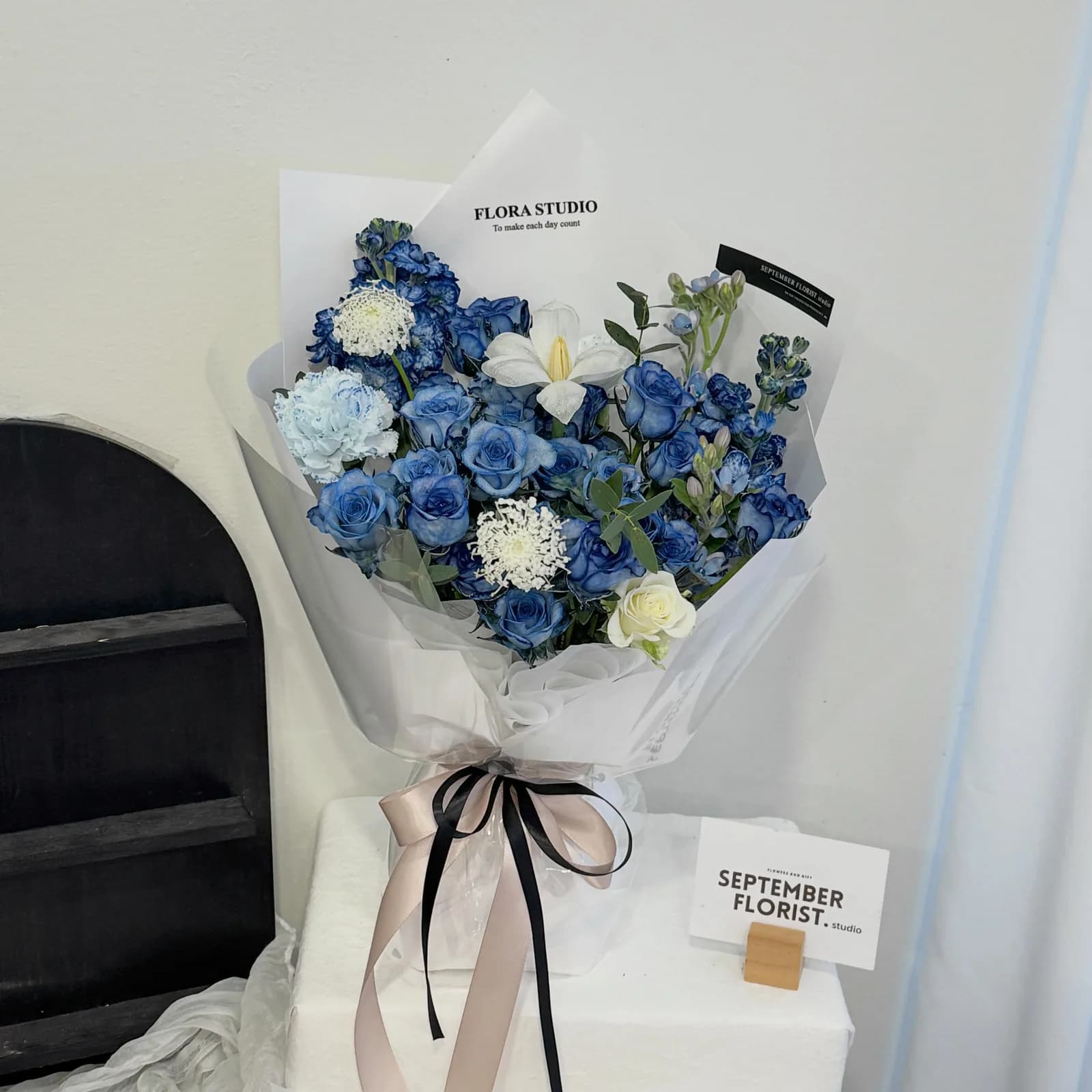 Midnight Blue Roses — Tinted blue roses, hydrangea in navy and royal blue