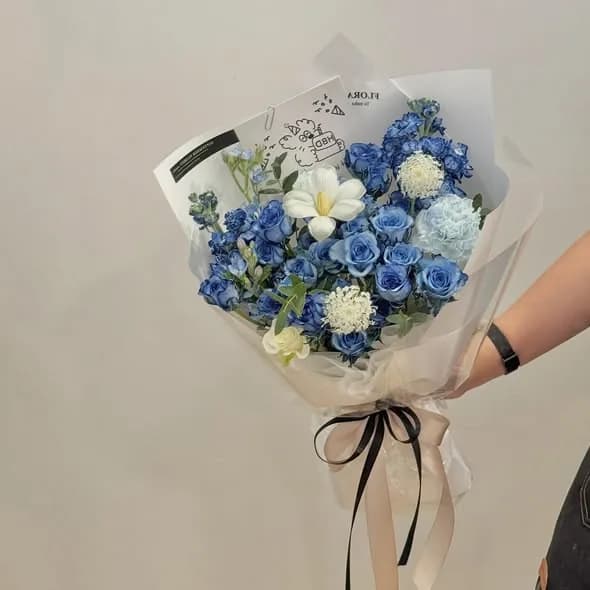 Midnight Blue Roses — Tinted blue roses, hydrangea in navy and royal blue, view 2
