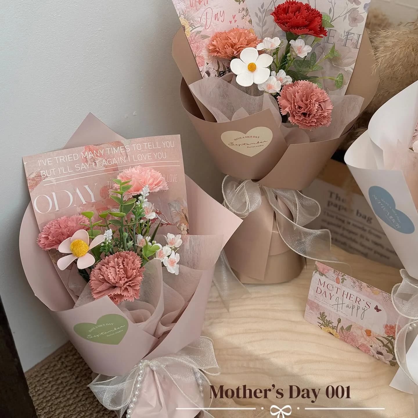 Mother's Day 001 — Carnations, chrysanthemum, roses in peach and lilac, view 2