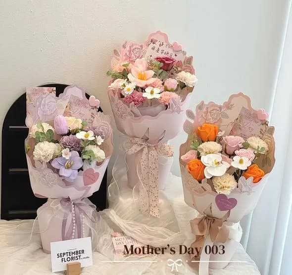Mother's Day 003 — Carnations, roses, ranunculus in pink and lavender, view 2
