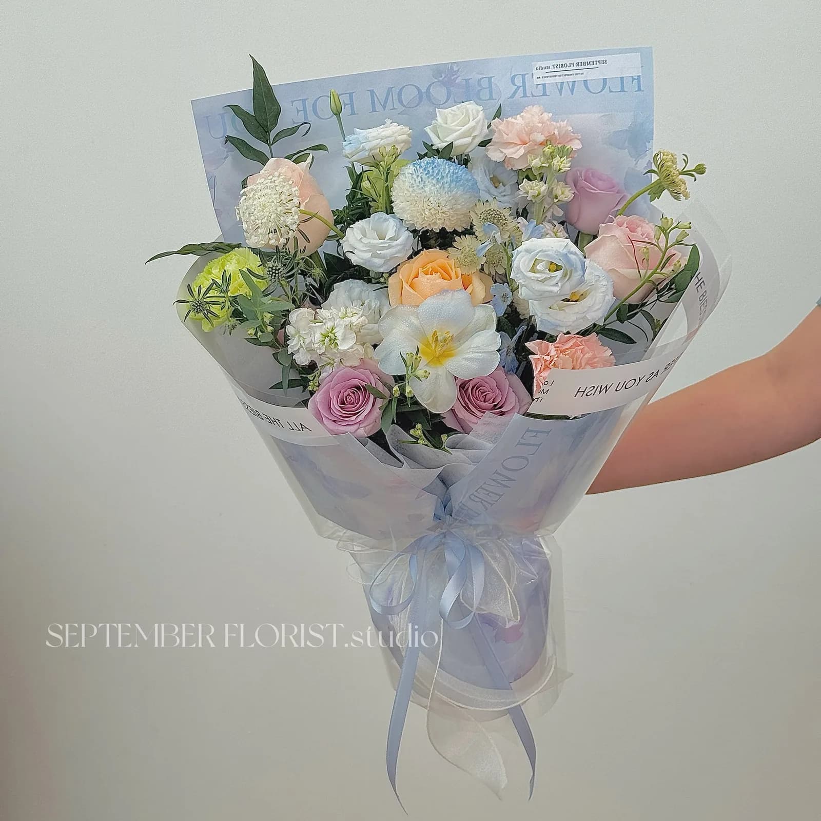 Porcelain Blue — Hydrangea, roses, chrysanthemum in powder blue and white