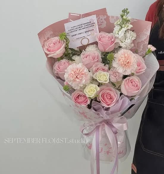 Powder Rose — Roses, carnations, gypsophila in powder pink, view 2