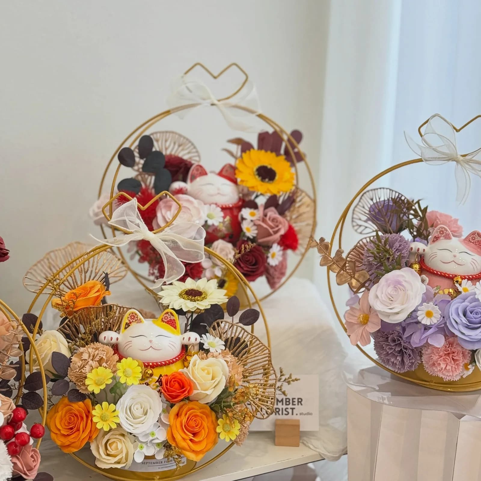 Prosperity Flower Basket — Preserved and soap flowers in a gilded frame in amber and gold