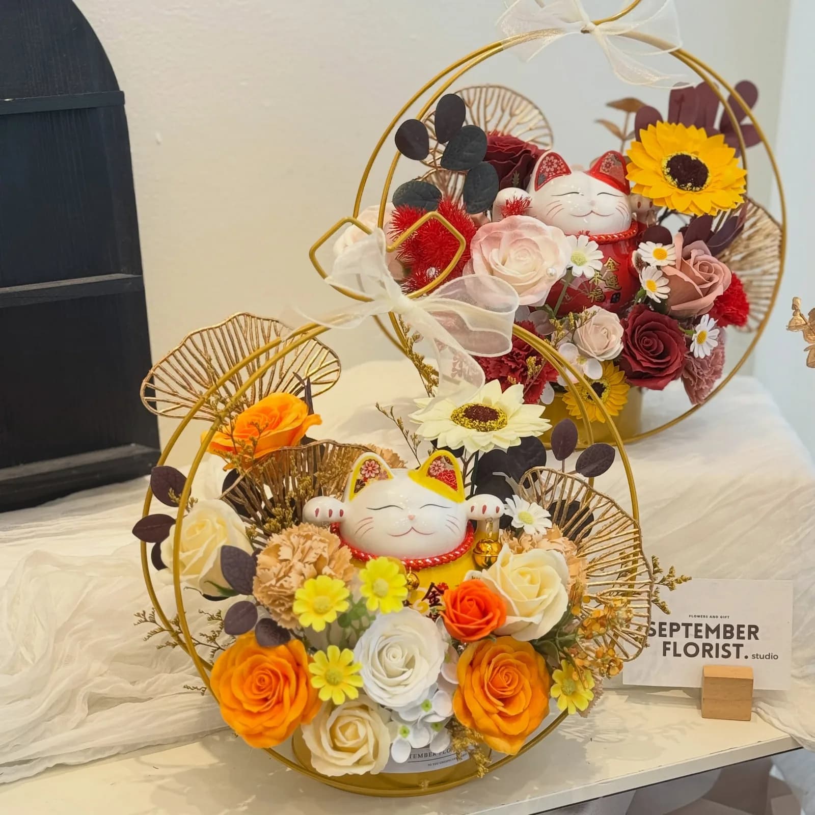 Prosperity Flower Basket — Preserved and soap flowers in a gilded frame in amber and gold, view 2