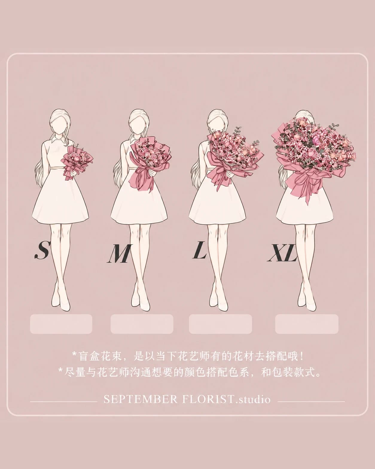 Bouquet sizes — S, M, L and XL, each shown held