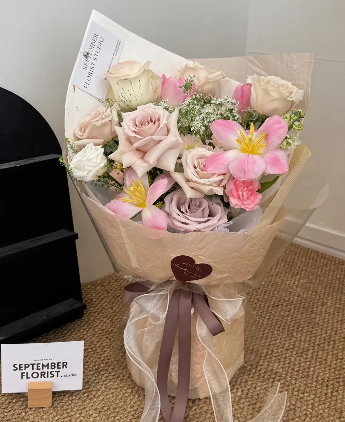 Tulip Blush — Tulips, roses, chrysanthemum in blush and mauve