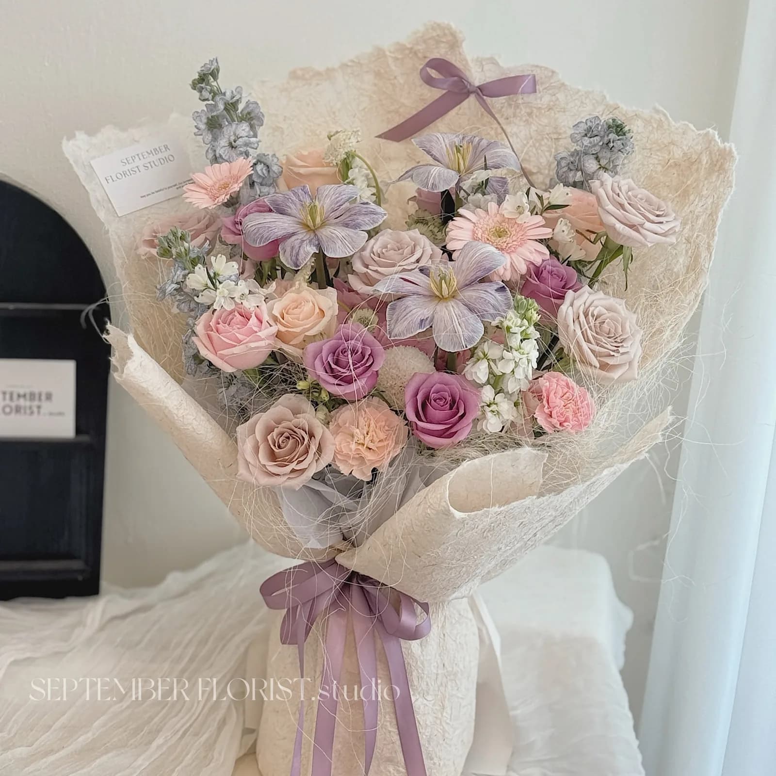Violet Hour — Grand — Roses, lisianthus, statice in violet and cream, view 3